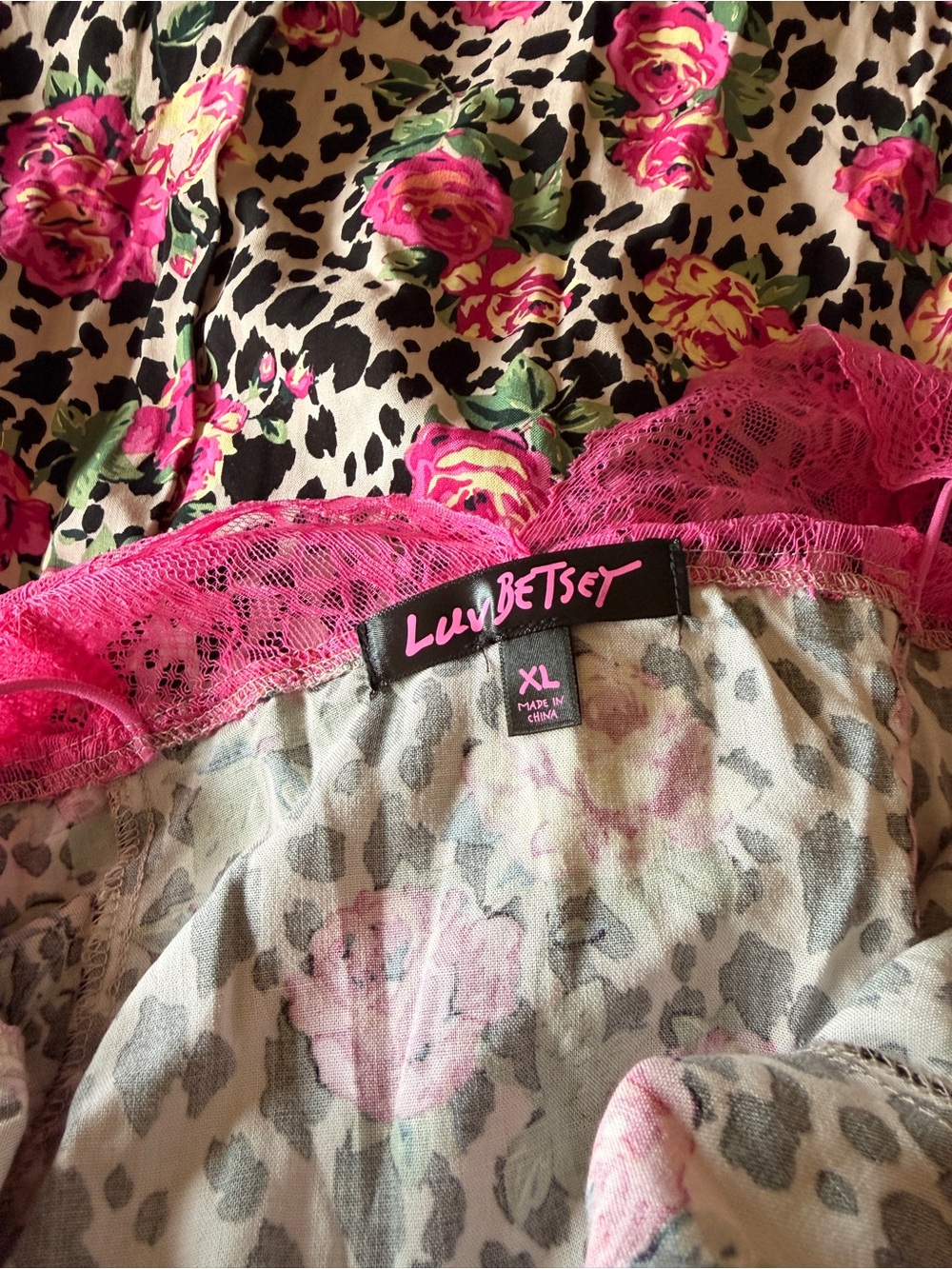 NWOT Luv Betsey by Betsey Johnson XL Maxi Dress Pink Lace Leopard Floral Roses - Picture 5 of 7
